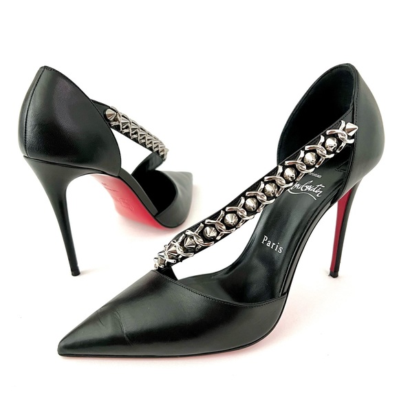 CHRISTIAN LOUBOUTIN | Deomina Chain Black Leather 100 Pumps Heels EU 39 US 9 - Picture 2 of 16